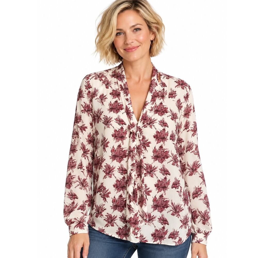 ASTR the Label Tie Neck Top Womens Large Floral Long Sleeve Scarf Blouse REVOLVE